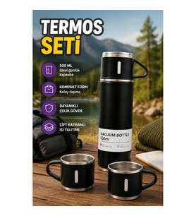 Paslanmaz Çelik Termos Seti 500 ml Kaymaz Tabanlı Çift Katmanlı Hediye Kutulu