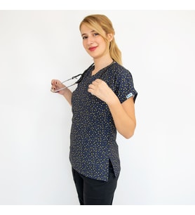 Unisex Lacivert Yıldız Desenli Esnek Likralı Cerrahi Doktor Hemşire Scrubs Üniforma Takım