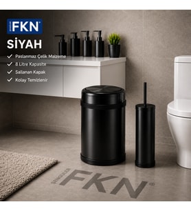 FKN Sallanır Kapaklı Siyah Çöp Kovası 8 Litre - Klozet Fırçalı Banyo Seti