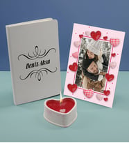 BK Gift Kişiye Özel İsimli Beyaz Defter Dekoratif Çerçeve ve Kalp Taş Obje Kokulu Mum Hediye Seti-7, Sevgiliye Hediye, Arkadaşa Hediye
