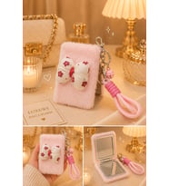 Peluş Papyon Detaylı Cep Aynası Anahtarlık – Kawaii Çanta Charmı Cep Çanta Makyaj Aynası-B