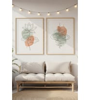 Lotus ve Dalgalar 2’li Ahşap Çerçeveli Tablo Seti - Minimalist Doğa Dekoru
