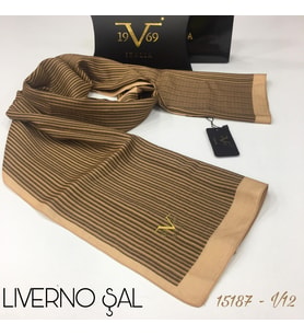 Çizgili Desen Livorno Seri Şal Eşarp Askısı ile Birlikte 75x200 cm Kahve Somon-7