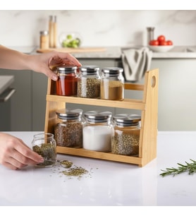 8 Parça Borosilikat Cam Baharatlık Seti (700 ml) - Paslanmaz Çelik Kapaklı ve Bambu Kapak Sçenekli 2 Katlı Bambu Standlı Tezgah Üstü Erzak Kabı ve Mutfak Düzenleyici Organizer (Bambu Kapak)