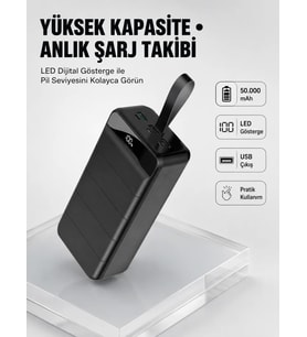 Tüm Cihazlarla Uyumlu 50.000 mAh Powerbank – Yüksek Kapasiteli, LED Gösterge ve Akıllı Koruma Fonksi