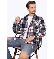Lacivert Beyaz Geçişli Oversize Oduncu Hediye Kutulu Erkek Gömlek