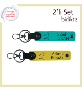 Evcil Kedinle Uyumlu Tasarım, Kedi Temalı, Kişisel Yazılı Anahtarlık Seti, Koyu Turkuaz-Sarı