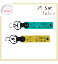 Evcil Kedinle Uyumlu Tasarım, Kedi Temalı, Kişisel Yazılı Anahtarlık Seti, Koyu Turkuaz-Sarı