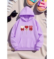 Unisex Kalp Lolipop Detayli Baskılı Oversize Sweatshirt (Lila)