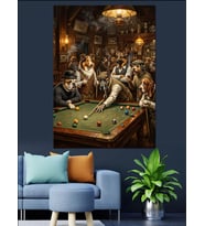 Bilardo Oynayan Köpekler Pub Sanatı Dekoratif Kanvas - Mdf Ahşap Tablo