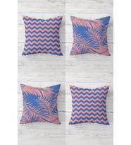 Zigzag Ve Tropikal Yaprak Desenli Gizli Fermuarlı Kırlent Kılıfı Koltuk Yastık Kılıfı Takım(4adet) (Pembe-Mavi)