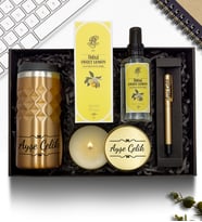 Kişiye Özel Gold 300 ML Kristal Termos & Rebul Kolonya & İmza Kalemi & Metal Kutulu Mum Hediye Seti