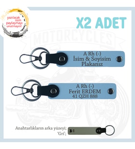 Yol Arkadaşlarına, İsim Plaka ve A Rh - Kan Grubu Yazılı Acil Durum 2'li Anahtarlık Takımı, Mavi-Gr
