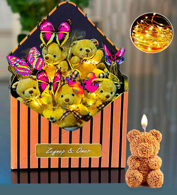 Kişiye Özel Ayıcık Buketi & Kelebek Buketi Led Işıklı & TeddyRose Ayıcık Mum