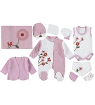 YENİDOĞAN KIZ BEBEK 10 PARÇA LU ORGANİK PAMUK  KALPLİ ÇİÇEKLİ LÜX SET (Gül Kurusu)