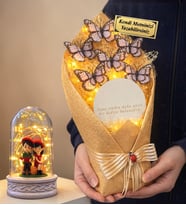 Kişiye Özel Led Işıklı Aynalı Beyaz Kelebek Buketi ve Led Işıklı Biblolu Fanus (Model 4)