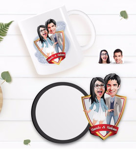 BK Gift Kişiye Özel Sevgililer Karikatürlü Beyaz Kupa ve Ahşap Bardak Altlığı Hediye Seti-81