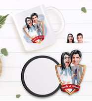 BK Gift Kişiye Özel Sevgililer Karikatürlü Beyaz Kupa ve Ahşap Bardak Altlığı Hediye Seti-81