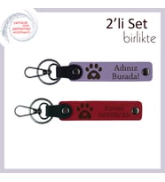 Sadık Dostun Hatırasına Özel Kişisel Tasarım, Kalpli Pati Desenli Deri Anahtarlık Set, Mor-Kırmızı