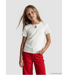 LCW Kids Ekru Fiyonk Detaylı Kız Çocuk Tişört