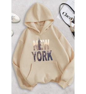New York Baskılı Oversize Sweatshirt (Bej)
