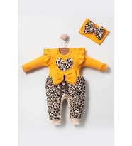 Leopar Desenli Fiyonklu % 100 Pamuk Kız Bebek Tulum