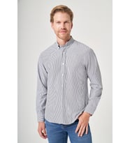Beyaz-Siyah Düğmeli Yaka Uzun Kol Cepsiz Slim Fit Pamuklu Gömlek 1004260205