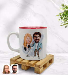 BK Gift Kişiye Özel Sevgililer Karikatürlü İçi Kırmızı Renkli Kupa Bardak Model 93