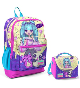 Coral High Mor Pembe Anime Okul Sırt ve Beslenme Çantası Seti