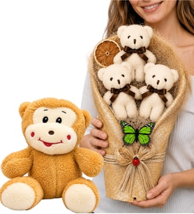 Sevimli Peluş Maymunlu ve Büyük Boy Peluş Ayıcık Buketli Muhteşem Hediye Seti