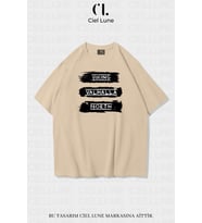 Unisex Kadın Erkek Vıkıng Valhala Baskılı Özel Tasarım Oversize T-shirt (Bej)