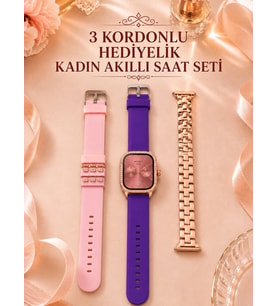 3 Kordonlu Gold Kasalı Kadın Akıllı Saat Seti