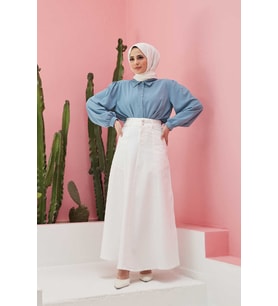 2195-Mevlana Denim Etek Beyaz