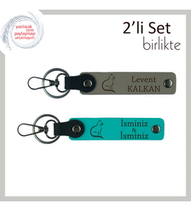 Evcil Kediye Saygılı Hediye, Tatlı Figürlü, İsme Özel Yazılı Anahtarlık, Kül Gri-Koyu Turkuaz