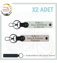 Motorcular İçin Özel İsim Plaka ve B Rh (-) Kan Grubu Yazılı Deri 2'li Anahtarlık, Pudra-Beyaz-Laci (Çok Renkli)