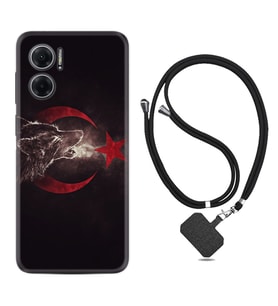 Xiaomi Redmi Note 11E Kılıf Resimli Boyun Askılı İpli Desenli Silikon Kurt ve Ay Yıldız 1403