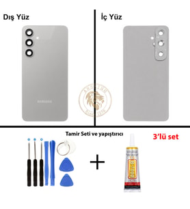 Samsung Galaxy S24 FE Gri Renk Lensli Arka Kapak + Tamir Seti + B7000 Yapıştırıcı Arka Cam Batarya Kapağı Pil Kapağı Lazer Kesim Back Cover Galaxy S24 FE Uyumlu