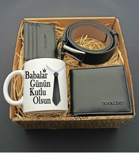 Babalar Gününe Özel Kravat Tasarımlı Kupa & Kemer & Cüzdan & Kartlık Hediye Seti