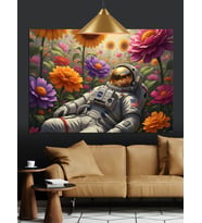Çiçekler ve Astronot Dekoratif Kanvas - Mdf Ahşap Tablo