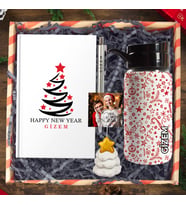 eJOYA Yeni Yıla Özel Defter Ve Kalem & Matara & Çam Ağacı Notluk & Ahşap Hediye Sepeti 114441 (Beyaz)