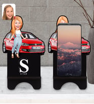 BK Gift Kişiye Özel Plakalı Kadın Volkswagen Polo Karikatürlü Ahşap Biblo Telefon Standı-2
