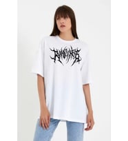 Unisex Bisiklet Yaka Baskılı Oversize T-Shirt - Beyaz