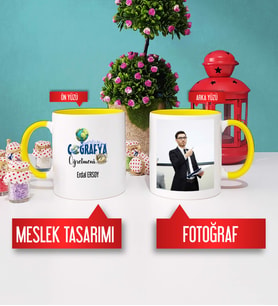 Coğrafya Öğretmenine Hediye Coğrafya Öğretmeni Kupa Bardak Sarı Fotoğraflı