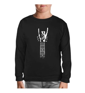 Skeleton Hand Doing Rock Sign on Guitar Siyah Çocuk Sweatshirt