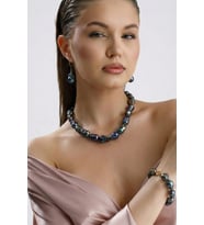 Siyah Barok İnci Kolye Bileklik Küpe Üçlü Set (Beyaz)