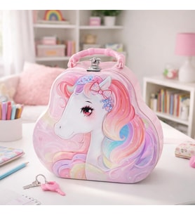 Unicorn Desenli Kilitli Metal Kumbara - Çocuklar İçin Saplı Taşıma Çantası, Takı, Sır ve Eşya Saklama Kutusu, Anahtarlı Hediyelik Kumbara Çanta Asorti Renk