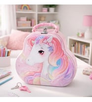 Unicorn Desenli Kilitli Metal Kumbara - Çocuklar İçin Saplı Taşıma Çantası, Takı, Sır ve Eşya Saklama Kutusu, Anahtarlı Hediyelik Kumbara Çanta Asorti Renk
