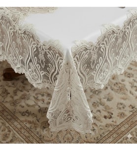 FINEZZA1605 - 8690000058822 - Lilyum Dantelli Kadife Krem/Bej Masa Örtüsü Dikdörtgen 160x230 Cm - 1605