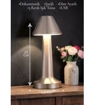 Dokunmatik Masa Ve Gece Lambası Dokunmatik Lamba Abajur Led Şarjlı Masa Lambası Ledli Silver 23cm (Gümüş)