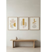 Geometrik Minimal Formlar 3’lü Ahşap Çerçeveli Tablo Seti – Modern Duvar Dekoru